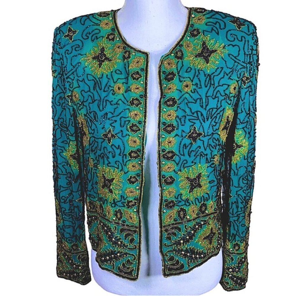 Vintage Silk Adrianna Papell Evening Dinner Jacket Beaded Turquoise Teal SM